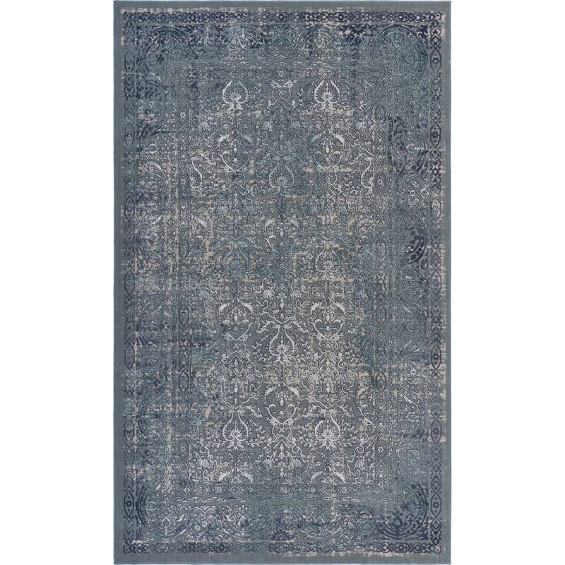 Sevita Carved Transitional Damask Polyester Area Rug, Blue and Silver - 7'9" x 10'9"