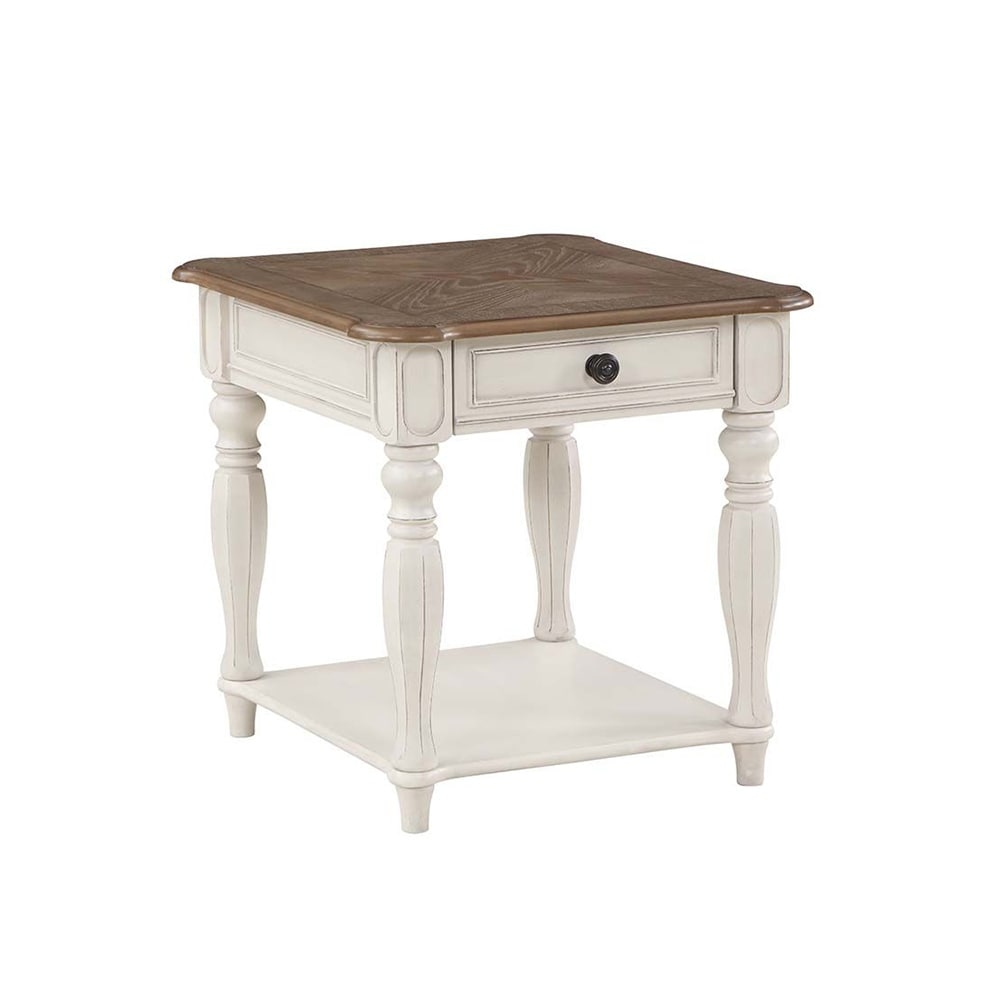 1 Drawer Wooden End Table in Antique White and Oak On Sale Bed