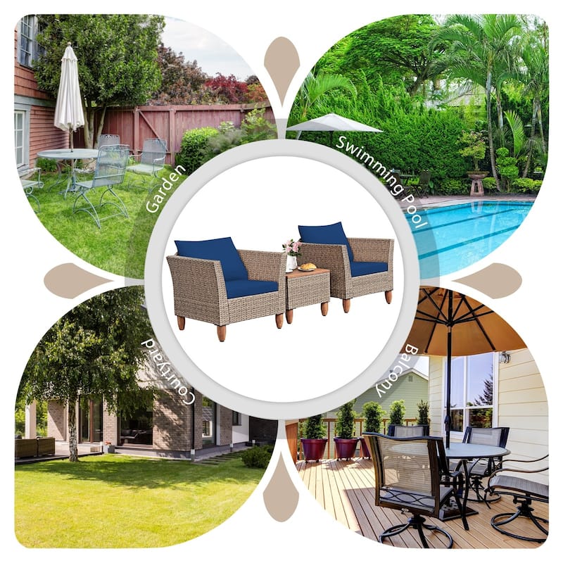 3 Pieces Patio Rattan Furniture Set with Washable Cushion for Yard Porch - 29" x 27" x 28"(L x W x H)