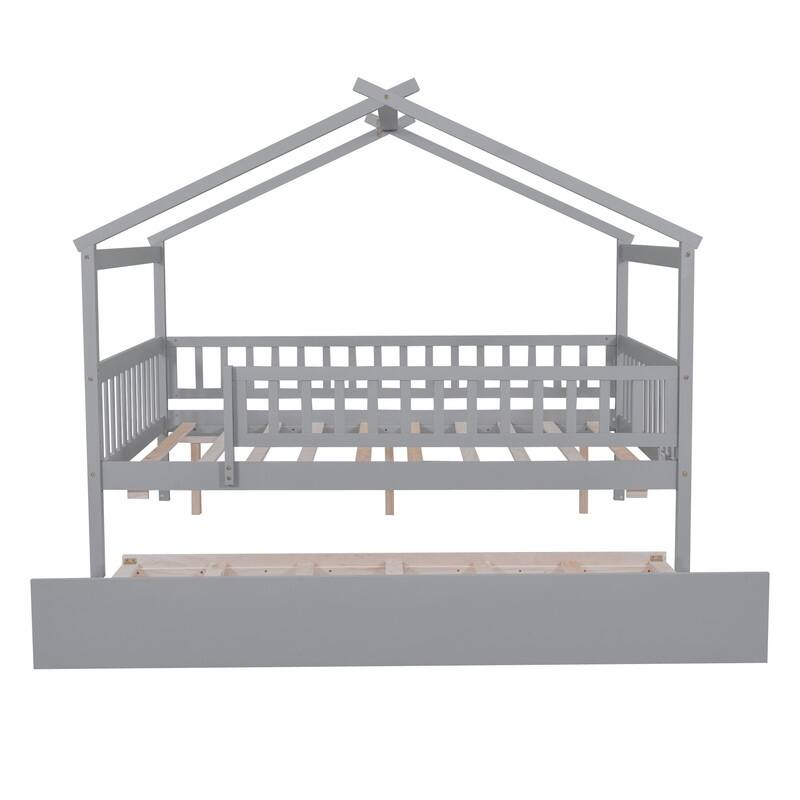Full Size Wooden House Bed with Twin Size Trundle, Kid's Bed