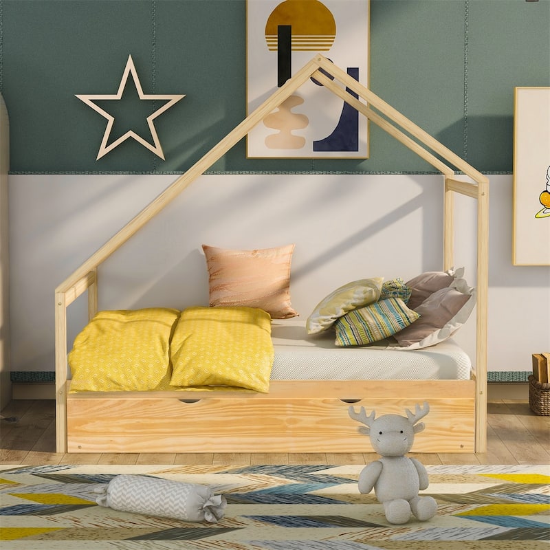 Merax Wooden House Bed With Twin Size Trundle