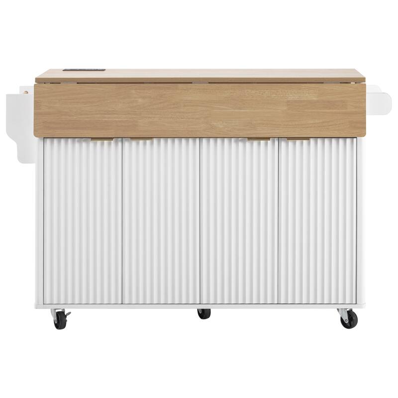 55.5" Fluted Kitchen Island with 2 Drop Leaf and Power Outlet