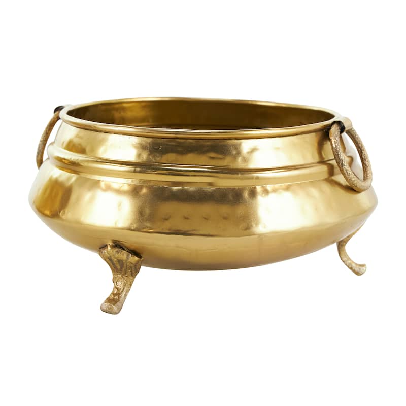 Gold Metal Hammered Pot Indoor Outdoor Planter with Scrolled Feet and Ring Handles (Set of 2)