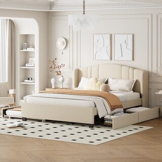 Upholstered Platform Bed w/ Wingback Headboard, 1 Twin Trundle & 2 Drawers, Linen Fabric, Queen Size, Beige