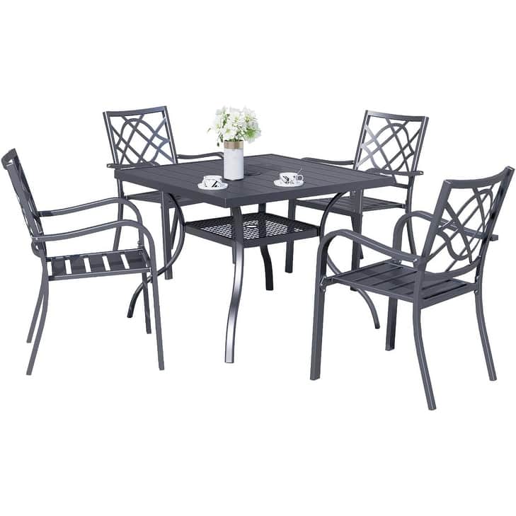 60" x 37" Outdoor Patio Rectangular Metal Slatted Dining Table with Umbrella Hole for 6 Person
