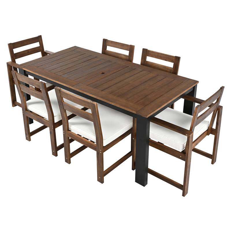 Wood Patio Dining Set with Table, 2 Armchairs & 4 Side Chairs, 7 Pcs