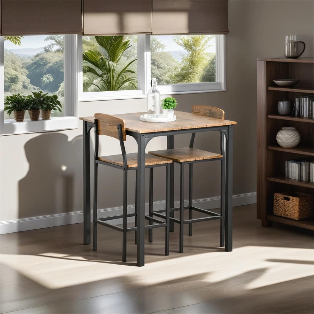 3 Piece Height Dining Bar Table & Chairs Set w/ Steel Legs & Footrests
