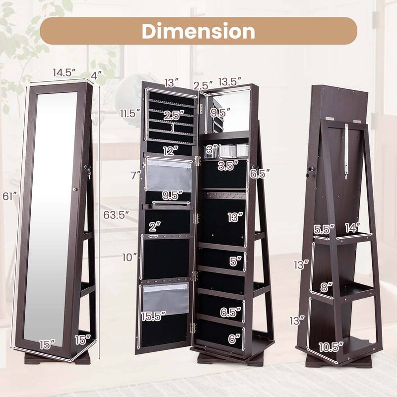 Costway 360degree Rotatable Jewelry Cabinet 2-in-1 Lockable Mirrored - See Details