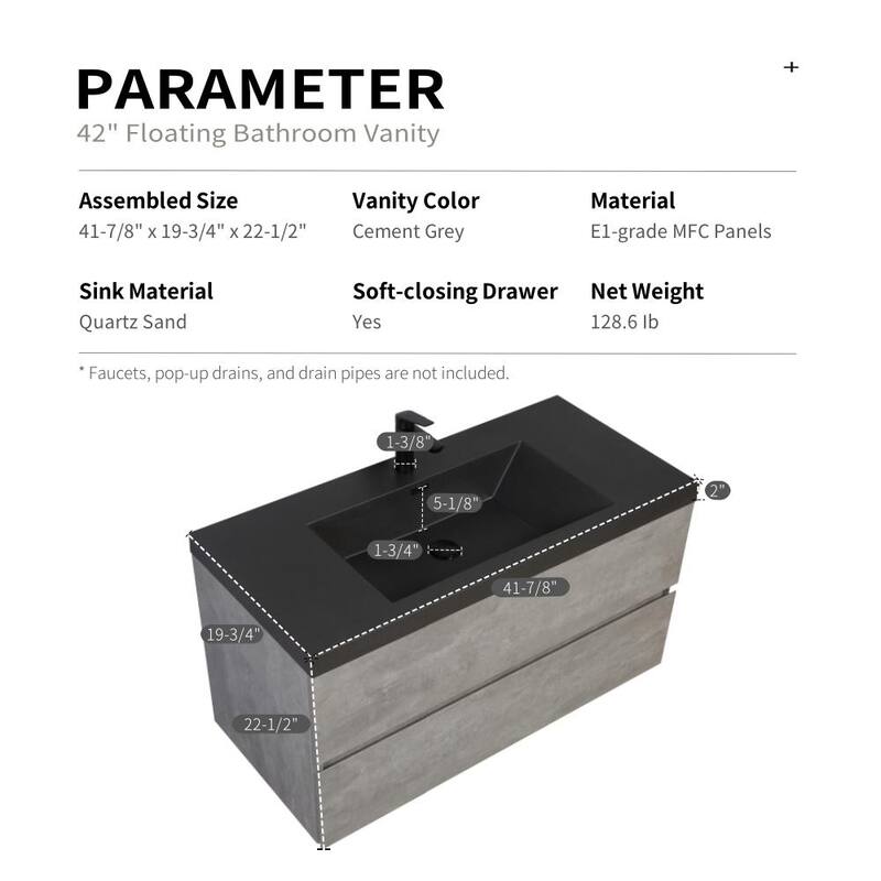GDFStudio - Carter Floating Bathroom Vanity with Quartz Sand Countertop & Soft-Close Drawers