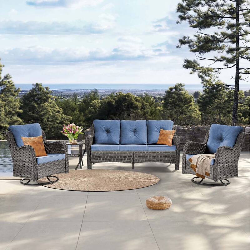 Gray Wicker Rattan Outdoor Patio Furniture Set Swivel Chair with Cushion