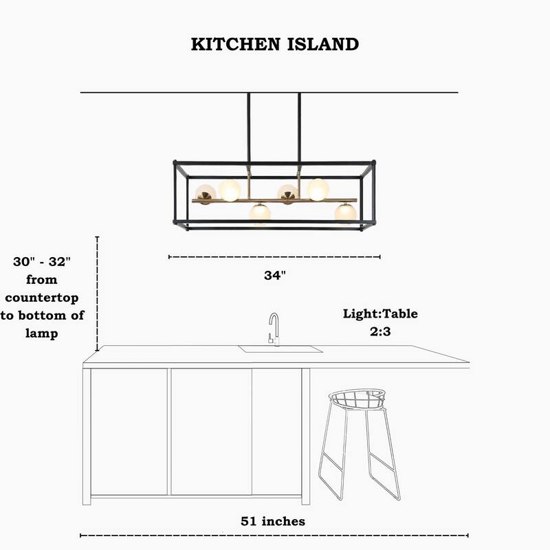 Modern LED Black Gold Chandelier 6-Light Rectangle Island Lights for Dining Room - 34" L