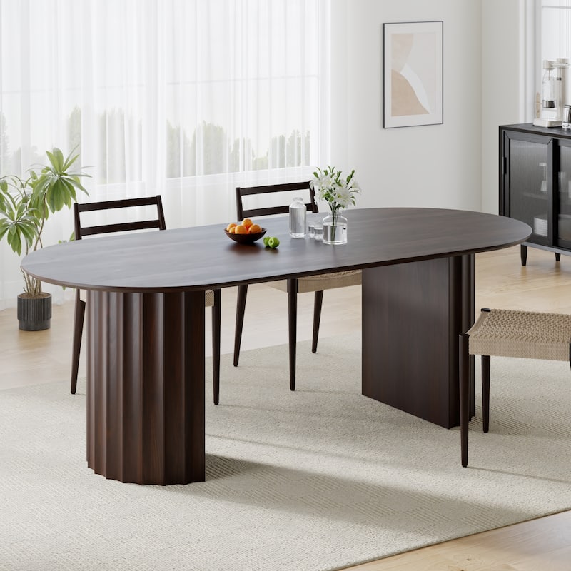 Modern Oval Wooden Dining Table - 79" Large Size, Sturdy Fluted Base, Natural Oak Finish for Dining Room