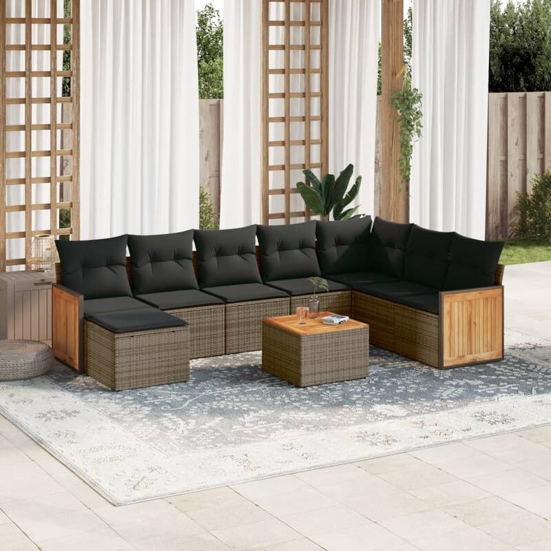 vidaXL Patio Sofa Set with Cushions Outdoor Conversation Furniture Poly Rattan - Grey-With table - 21.7 x 21.7 x 14.6