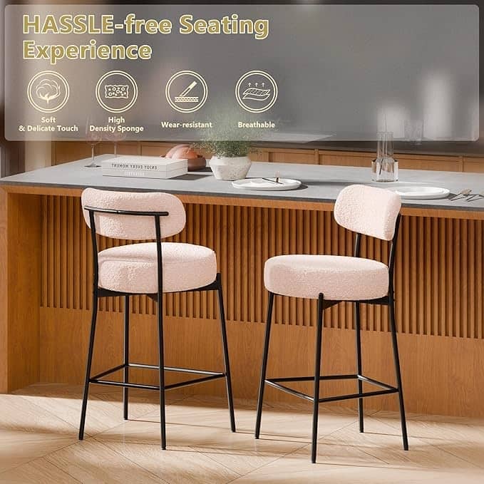 XINMICS 24 Inches Modern Counter Height Bar Stools with Curved Back Metal Legs, Upholstered Boucle Barstools, Set of 2/3/4