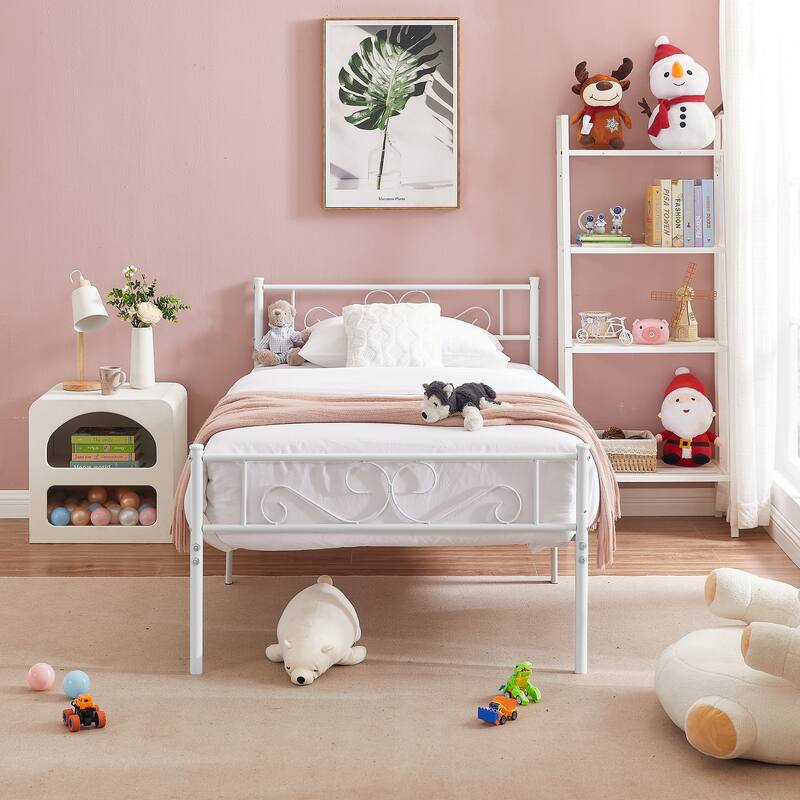 VECELO Kids Bed Frame Set of 2, Metal Bed Frame with Headboard, Twin Size Platform Bed