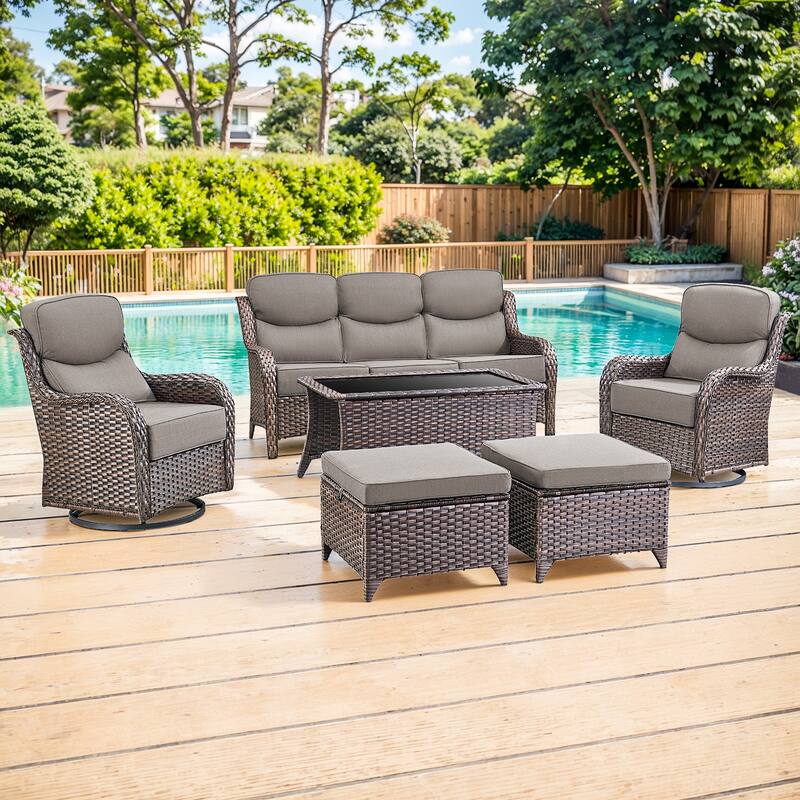 Gymojoy 6-Piece Patio Furniture Set with Swivel Glider Chairs, 6-Inch Ultra-Plush Cushions & Water-Resistant Olefin Fabric - Brown Wicker / Grey Cusion - 6-Piece