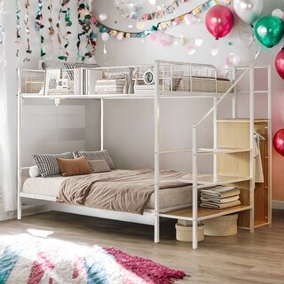 Versatile Design Twin Over Full Metal Bunk Bed with Ladder and Wardrobe-White