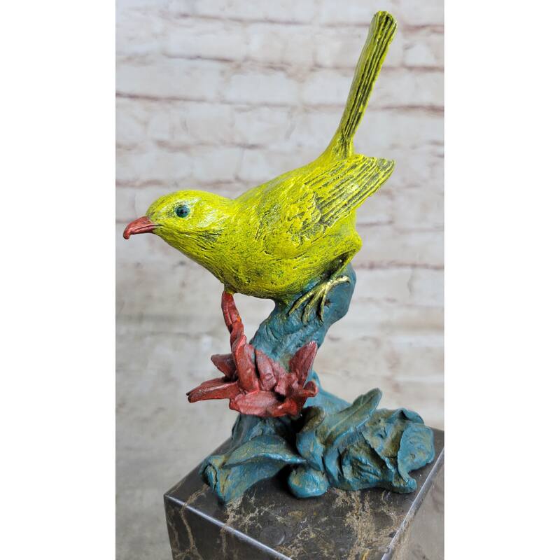 Bronze Metal Colorful Yellow Finch Songbird Bird Sculpture Statue Figurine Marble Base