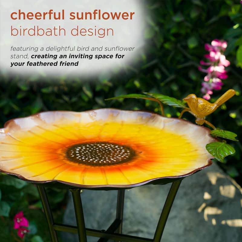 Metal Daisy Birdbath with Bird and Sunflower Stand