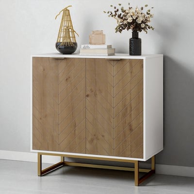 White and Gold Buffet Cabinet with 2 Doors, Modern Storage Sideboard with Herringbone Pattern for Kitchen or Dining Room