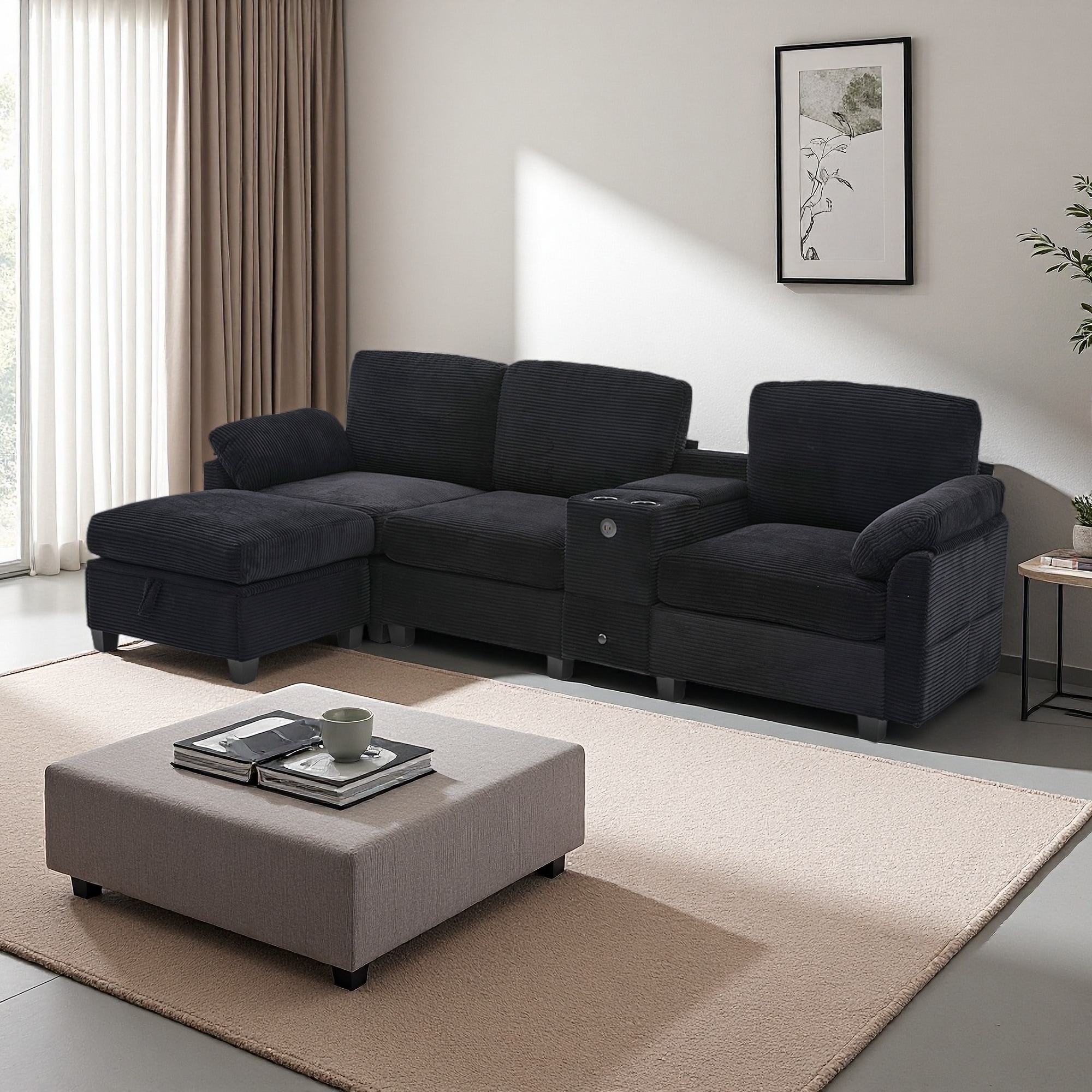 104.72" Corduroy L-Shaped 4-Seat Sectional Sofa with Cup Holders, USB Charging and Storage Ottoman