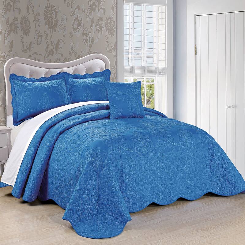 Serenta Damask Oversized 4-piece Bedspread Set - Palace Blue - Oversized King