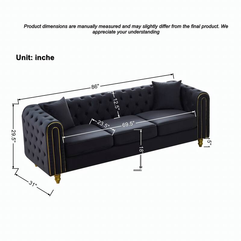 Roomfitters Two 86" Modern Upholstered Tuxedo Chesterfield Sofa Set with Gold Trim, Button Back 2-Piece Couch Set
