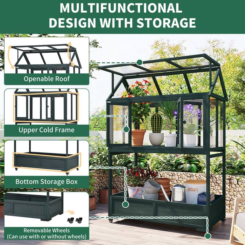 Garden Wood Portable Cold Frame with Movable Wheels Mini Greenhouse with Openable Roof and Storage Box - 10 X 20
