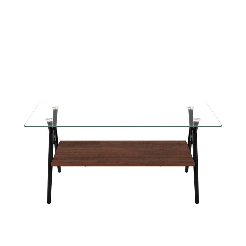 Modern Rectangle Coffee Table with Tempered Glass top and Metal Legs