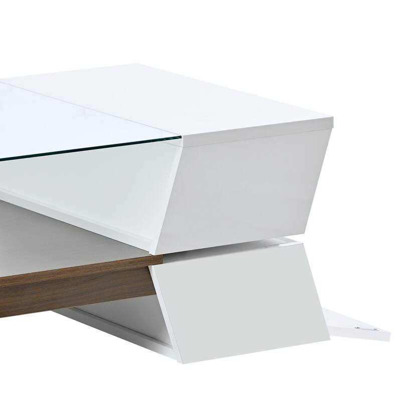 Double-Layer Coffee Table with Open Shelves, Geometric Cocktail Table with Storage, Glass-Top Center Table for Living Room
