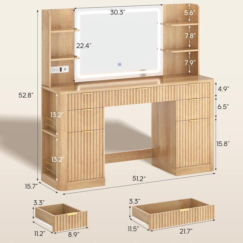 Makeup Vanity Desk Mirror LED Lights Charging Station RGB Lights Drawers Cabinet