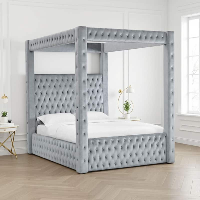 Beli King Size Canopy Bed, Tufted Design, Gray Velvet Upholstery