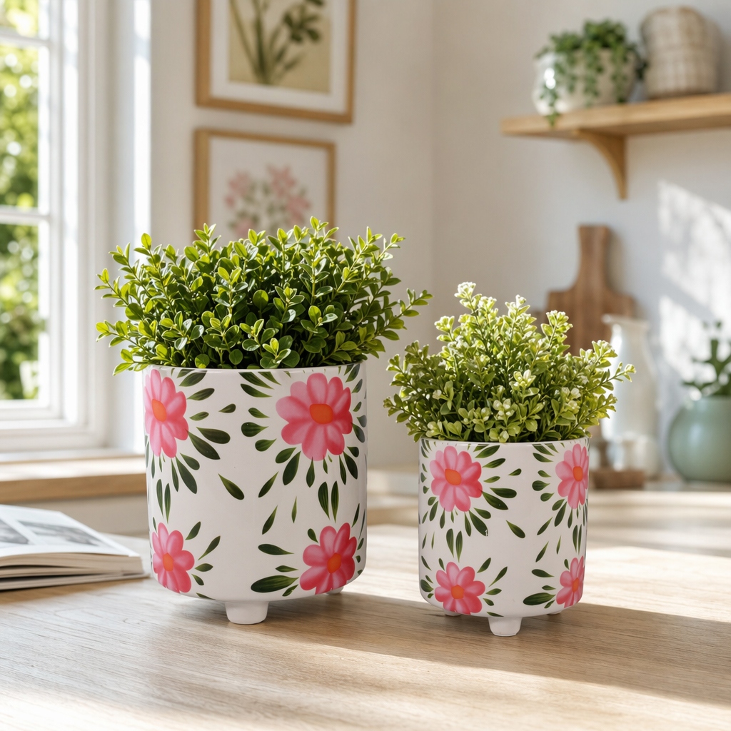 Plant Pot Set of 2 - Ceramic Floral Design, Footed, 6/8