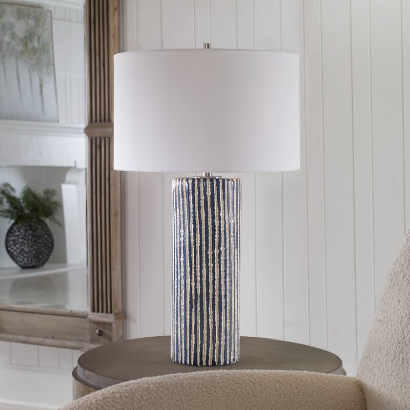 Glazed Stripe Table Lamp with Round Drum Shade - 27.5" - Blue and White
