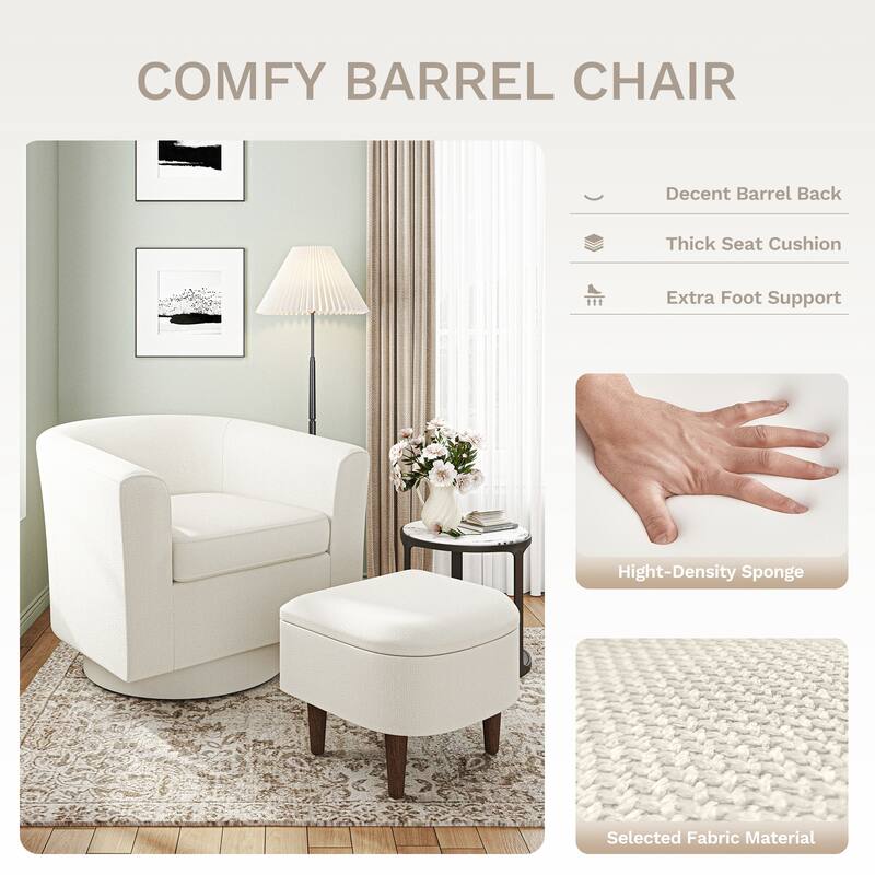 Swivel Barrel Chair & Ottoman with Storage - Upholstered Accent Chair for Living Room Bedroom Office