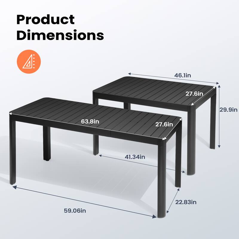 Pellebant Outdoor Dining Table Aluminum Extendable Table - 46.1" / 63.8" (L) x 27.6" (W) x 29.9" (H)