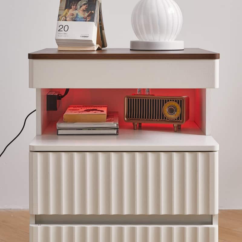 Modern Bedside Table with Gun Drawer,Bedside Table with Charging Station, 2 Drawers and Open Shelf,Side Table for Bedroom