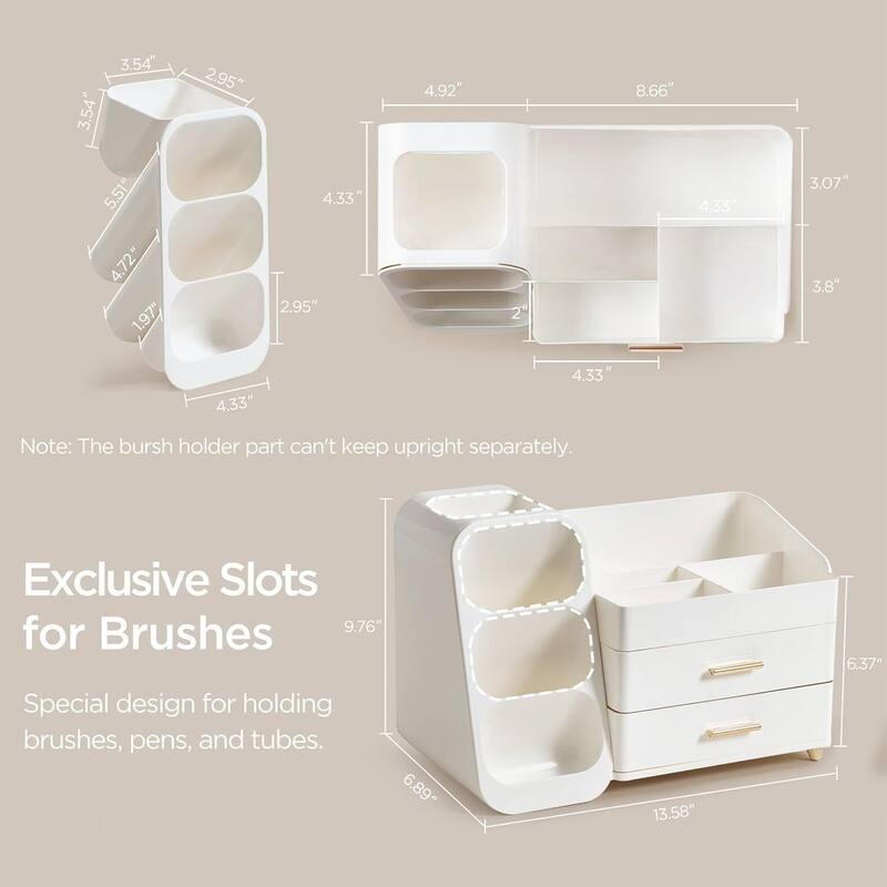Makeup Organizer with Brush Holder for Vanity, Large Plastic Bathroom Countertop