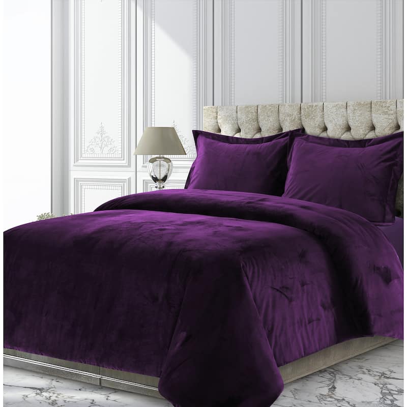 Venice Velvet Oversized Solid Duvet Cover Set - Queen - Purple