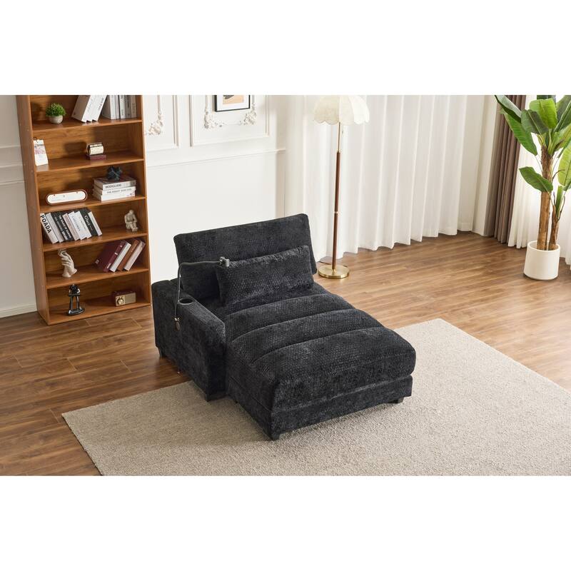 Chenille Single Sofa Chair Chaise Lounge with Phone Holder, Upholstered Recliner Sleeper Sofa Bed for Living Room