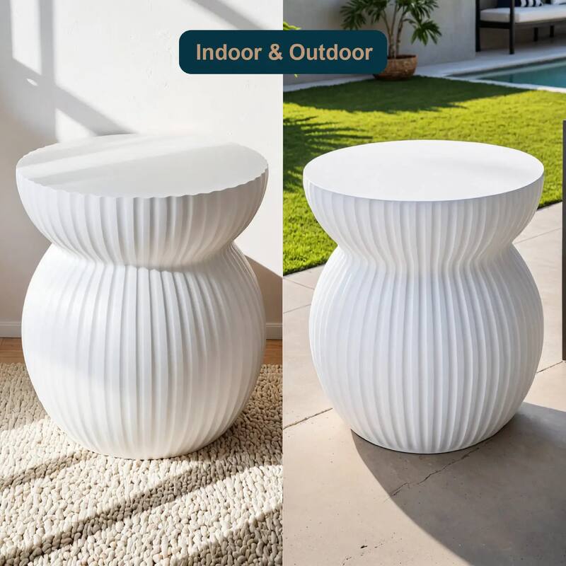 Mander Fiberstone Side Table - Ribbed Hourglass End Accent Table for Indoor or Outdoor Use