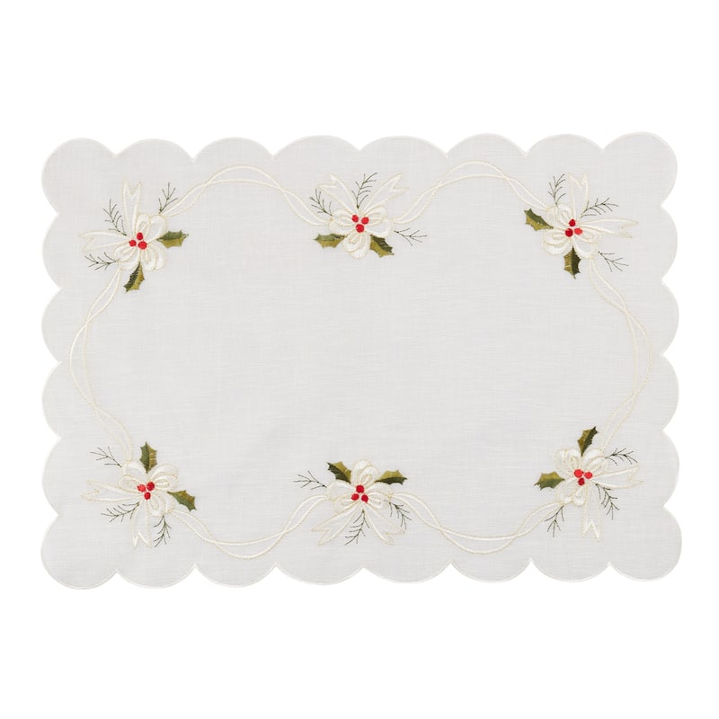 Embroidered Placemats With Holly and Ribbon Design (Set of 4)
