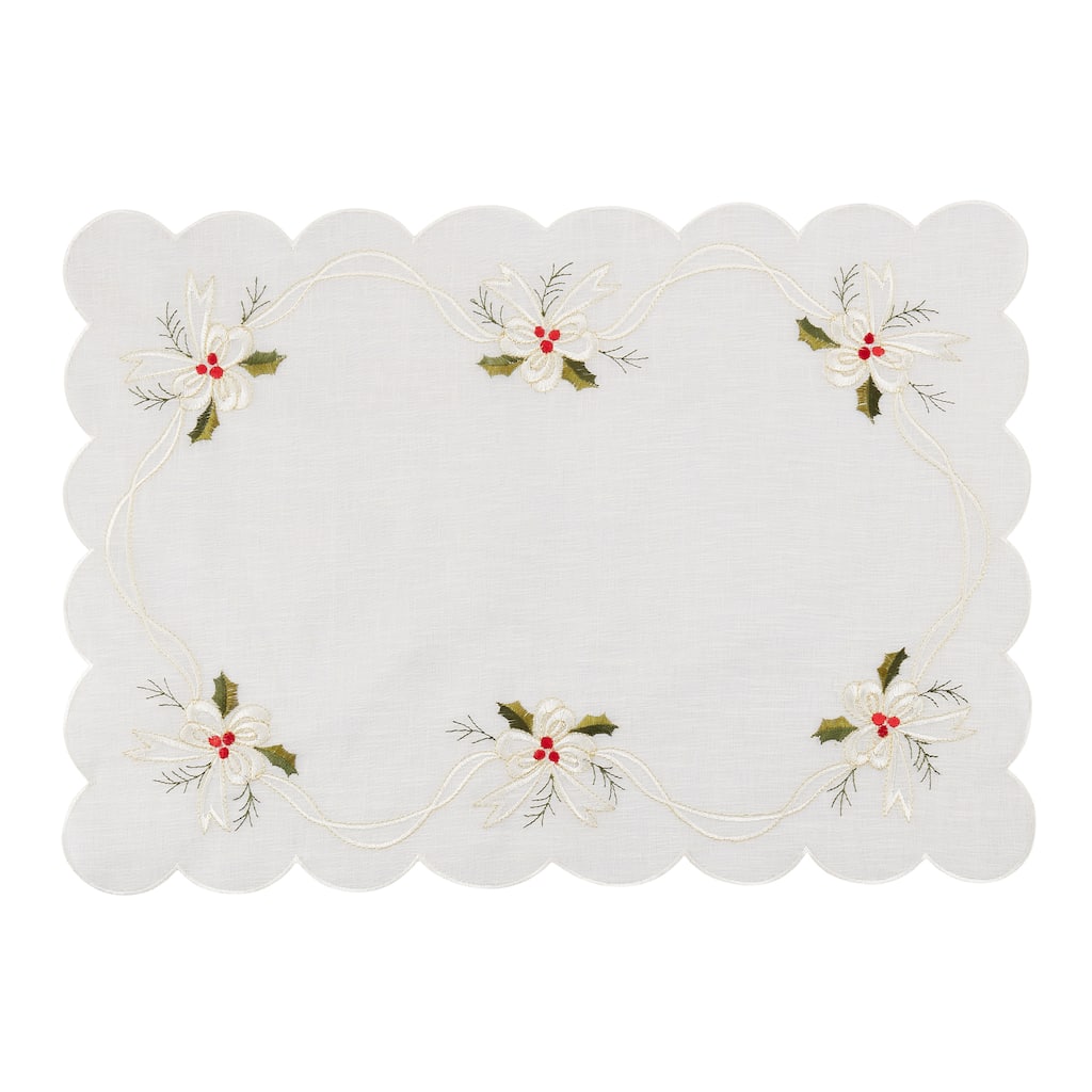 Embroidered Placemats With Holly and Ribbon Design (Set of 4)