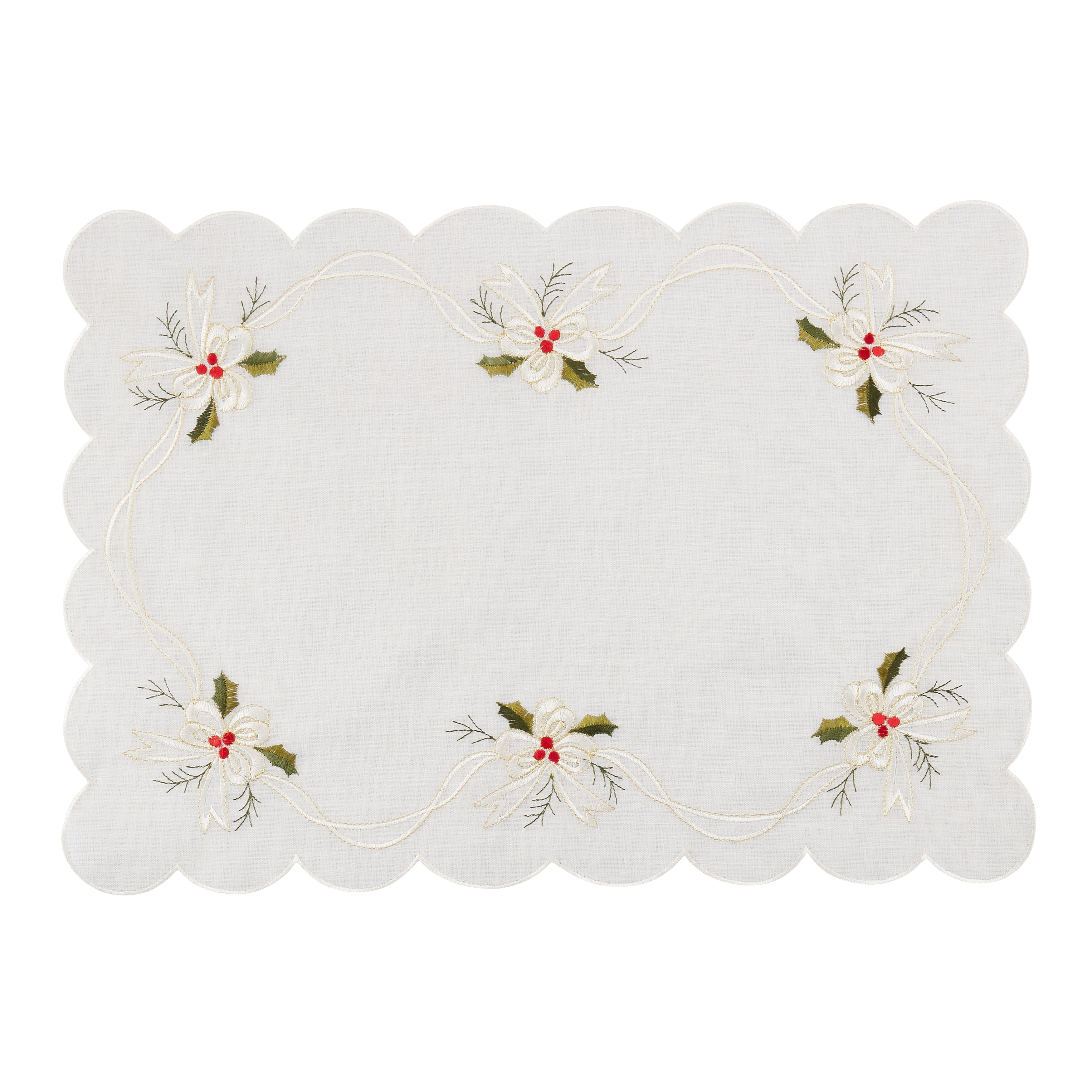 Embroidered Placemats With Holly and Ribbon Design (Set of 4)