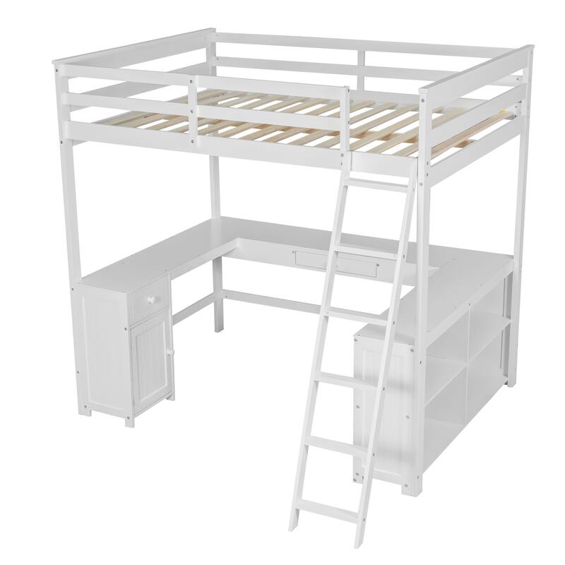 Full Size Loft Bed with U-shaped Desk, Drawers, and Storage Shelves in White