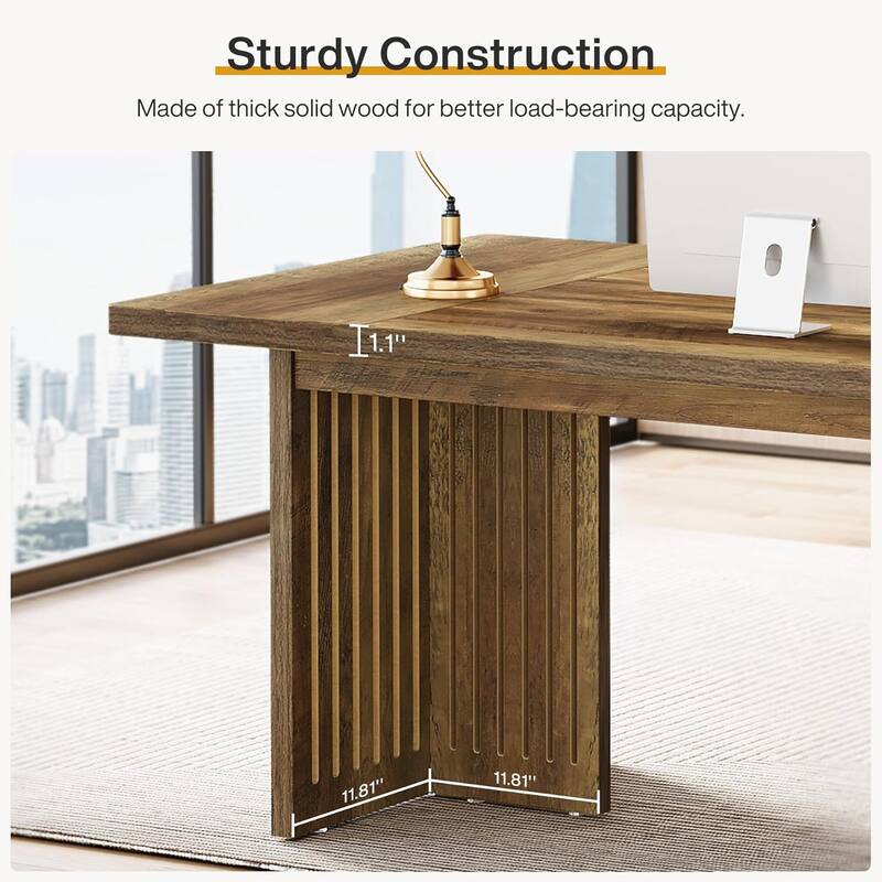 63-Inch Executive Desk, Large Computer Desk with Sturdy Wood Legs for Home Office, Rustic Brown