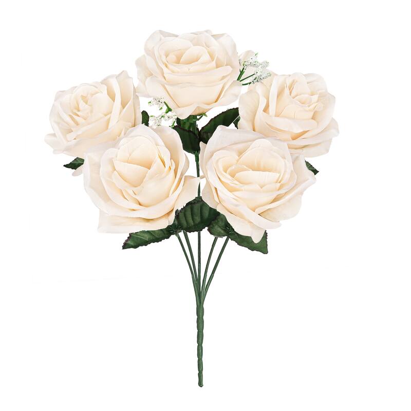Set of 12 Ivory Artificial Open Rose Flower Stem Bush Bouquet 14in - 14" L x 7" W x 7" DP