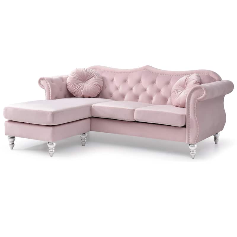 Tufted Velvet Chesterfield Sectional Sofa with Throw Pillows - 81" - Pink
