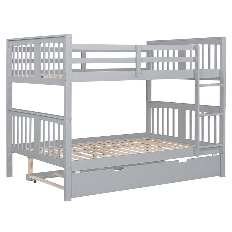 Full over Full Bunk Bed with Twin Trundle, Ladder & Slats - Gray/White/Espresso, Converts to 2 Beds