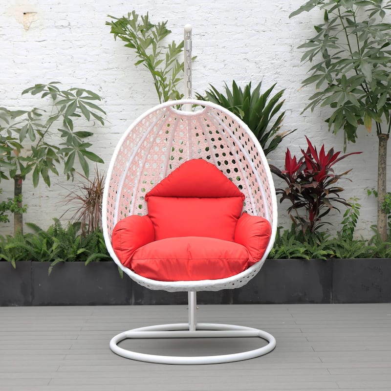 Patio Hanging Egg Swing Chair with White Wicker Shell and Iron Frame for Indoor Outdoor Patio Porch Garden Backyard